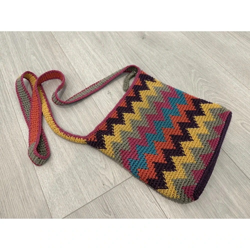 The Sak Rainbow Crochet Boho Zig Zag Chevron Shoulder Bag Multi Color Crossbody